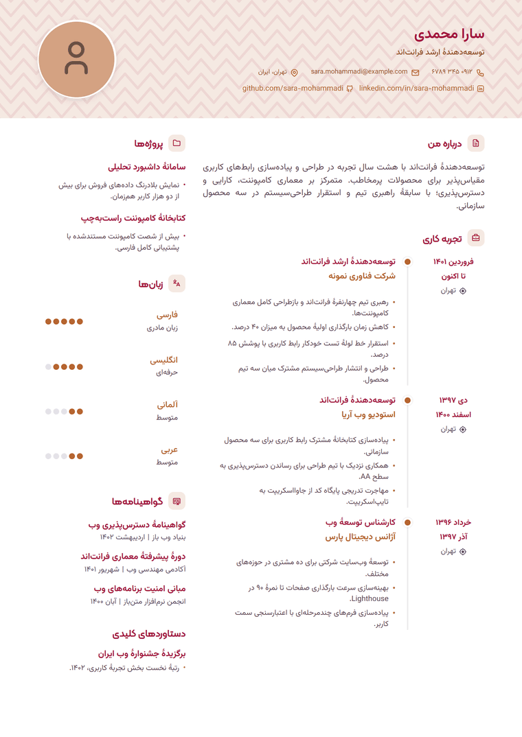 نمونه رزومهٔ فارسی ساختهشده با قالب سربرگ برجسته در پیزیسیوی